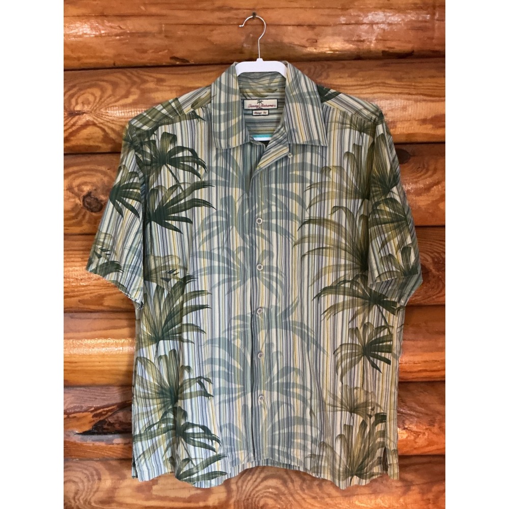 Tommy Bahama Mens Vintage Fit Palm Leaf Stripe‎ Silk Blend Shirt Green XL